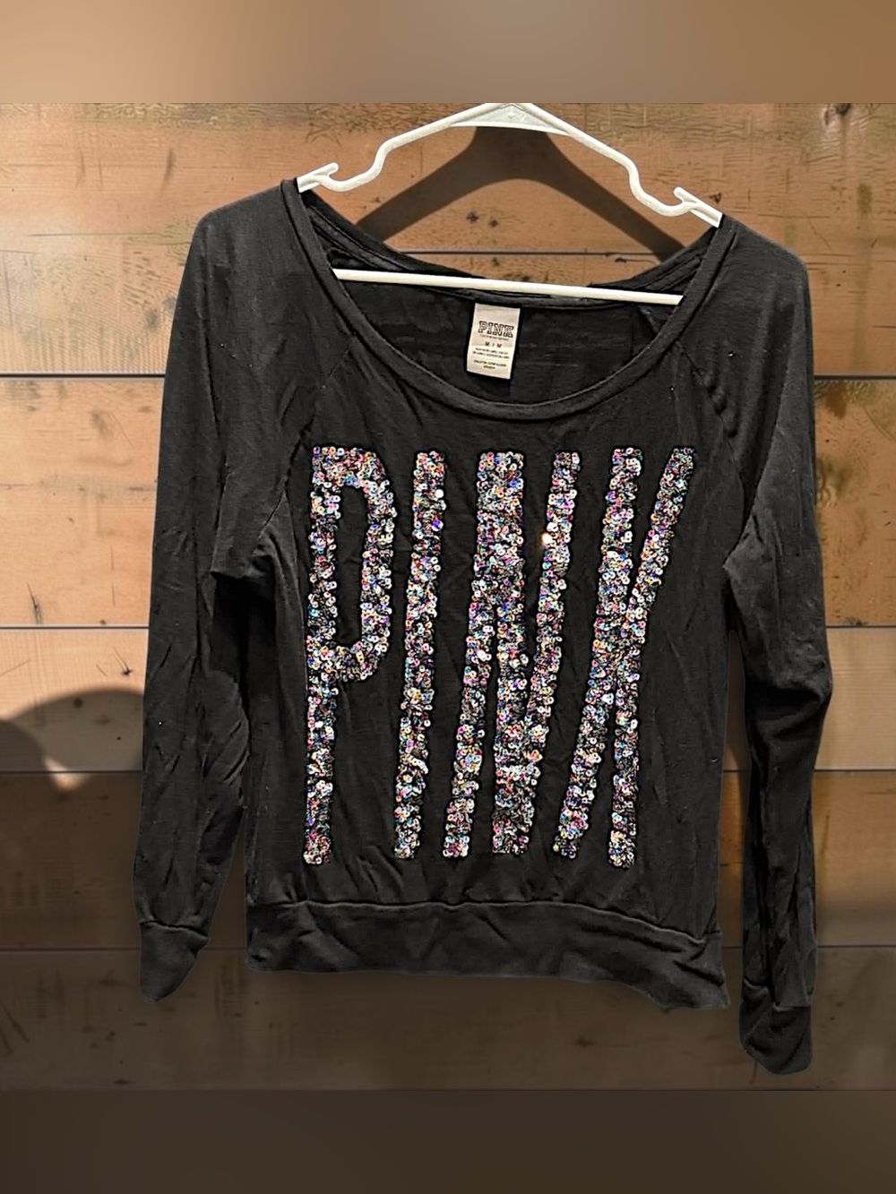 PINK Victoria's Secret Black Long-Sleeve Sequin Logo Tee MEDIUM - Picture 2 of 5
